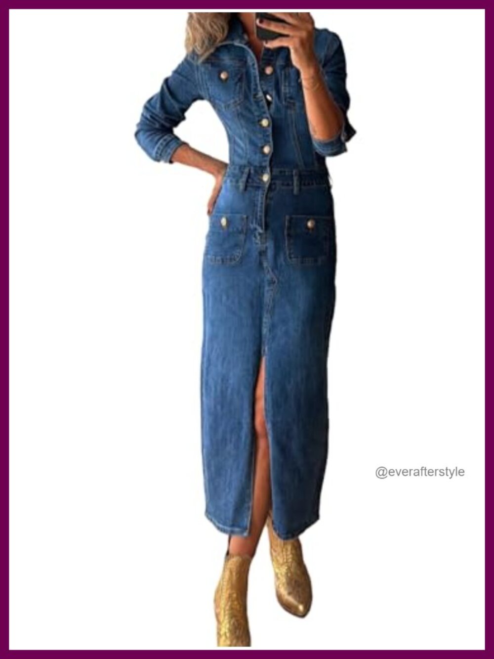 Women's Long Sleeve Denim Maxi Dress Button Down Bodycon
